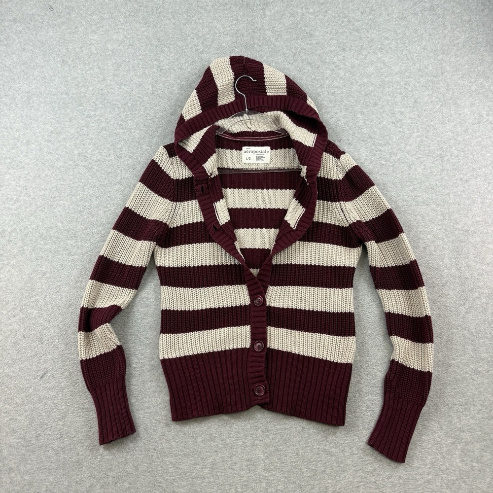 Aeropostale Open Knit Hoodie Sweater L Y2K Preppy Bella Swan Striped Red Beige